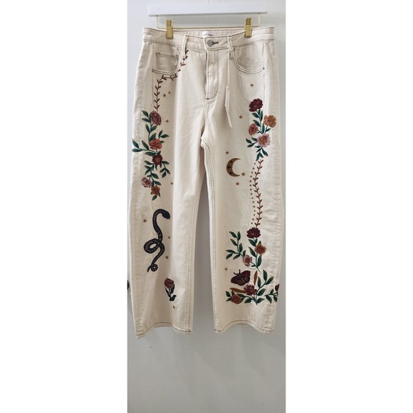 DRIFTWOOD Denim - Driftwood Elaine Embroidered Celestial Moon Snake Jeans Cream 29 NEW